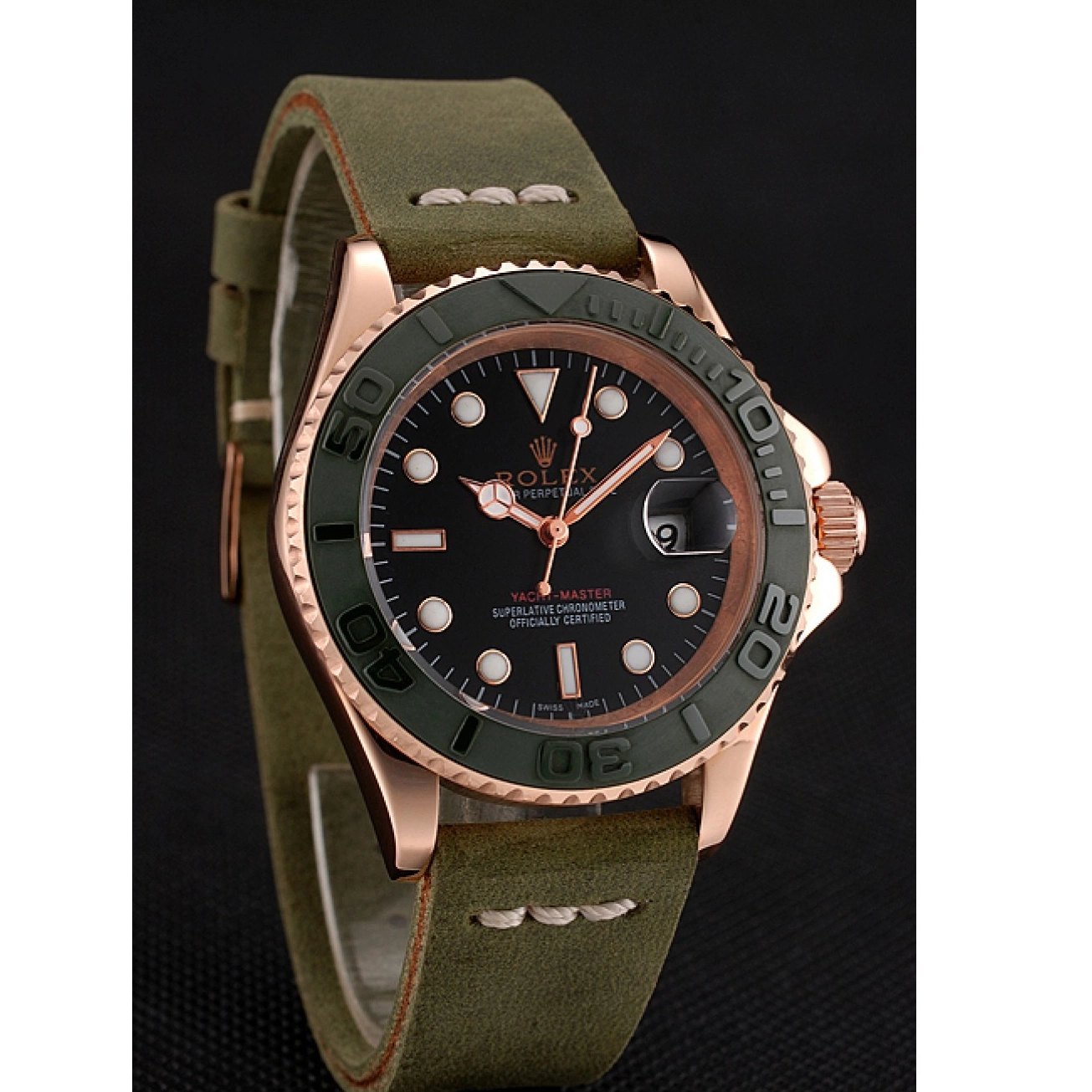 Aaa fake watches Bezel Rose Yacht Case Master Dial Leather Gold Rolex 1453862 Black Bracelet Green Green 0616